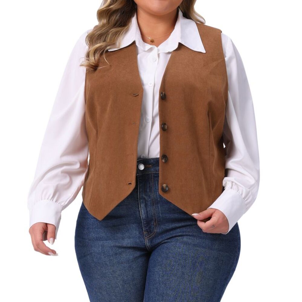 Women Plus Size Corduroy V Neck Button Lined Work Vest Jacket Brown